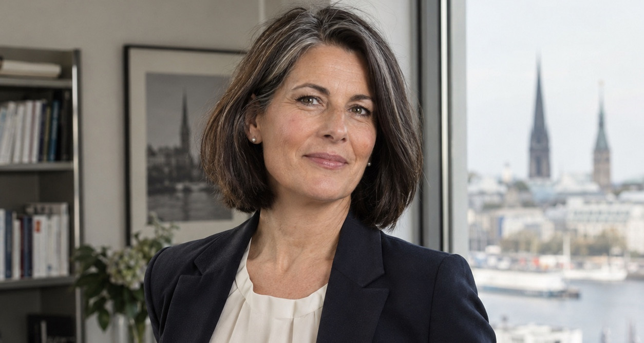 Frau im Blazer am Fenster mit Blick über die Stadt